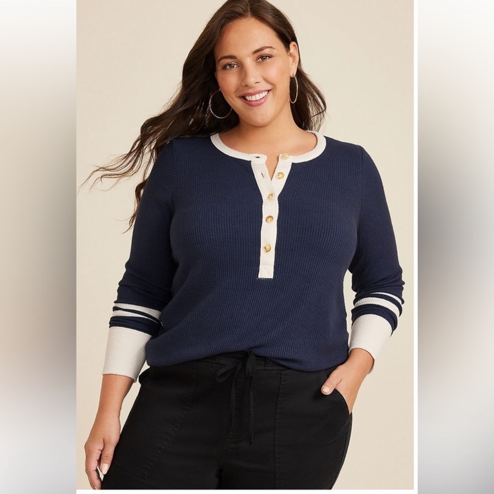Maurices Navy and Cream Henley Top